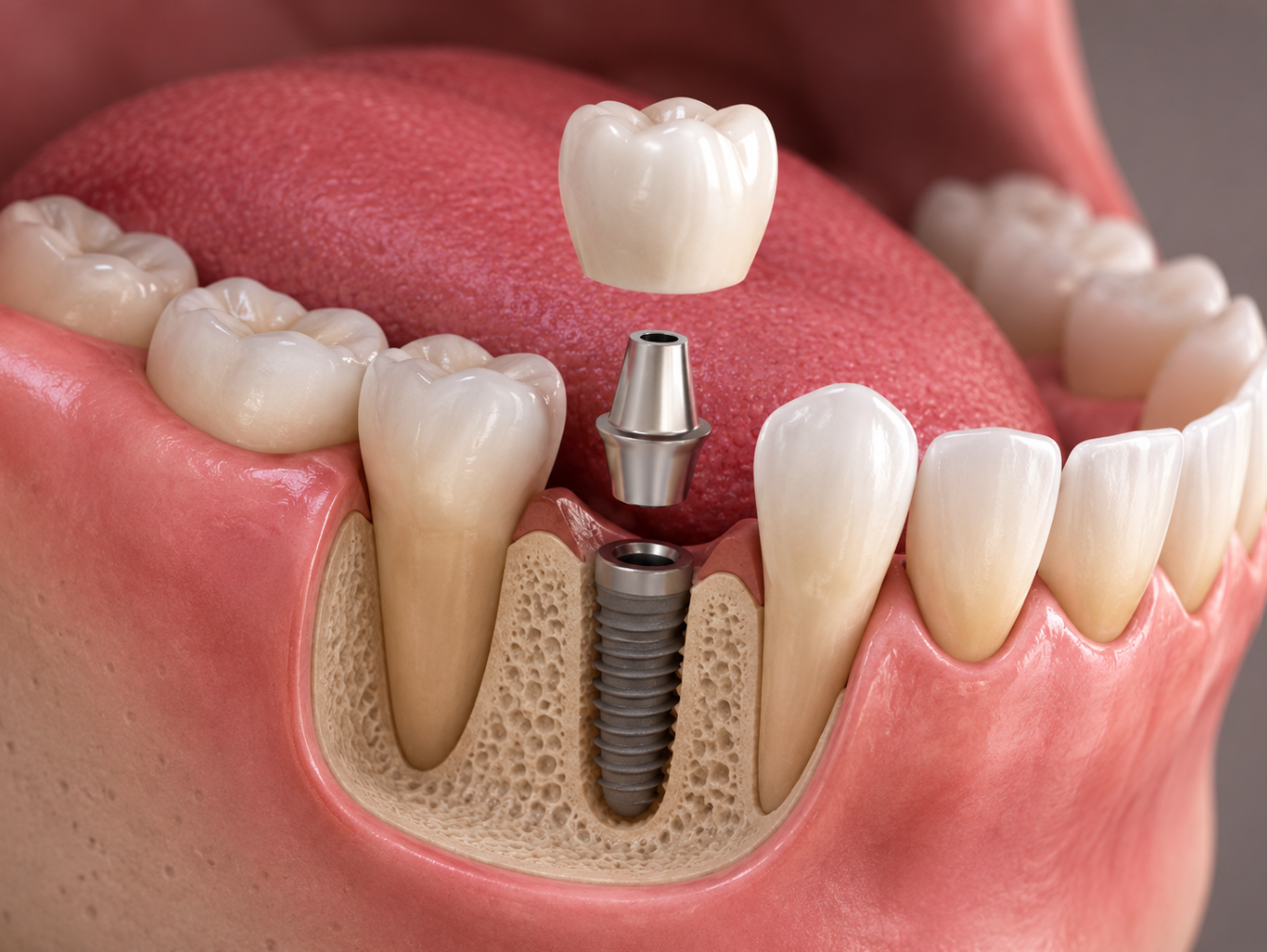 Representação de um implante dentário e seus componentes