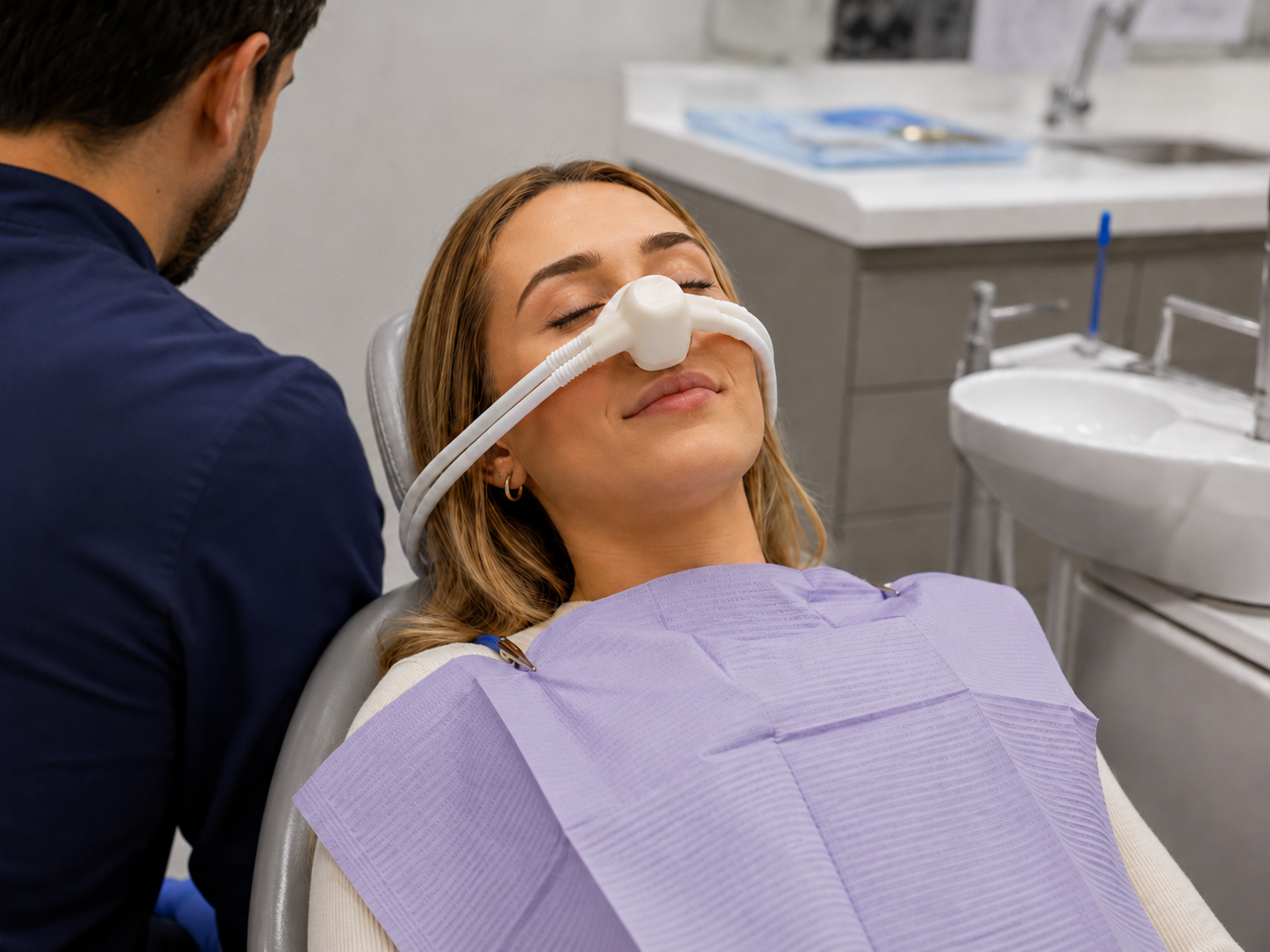 Paciente utilizando máscara nasal para sedação inalatória durante atendimento odontológico