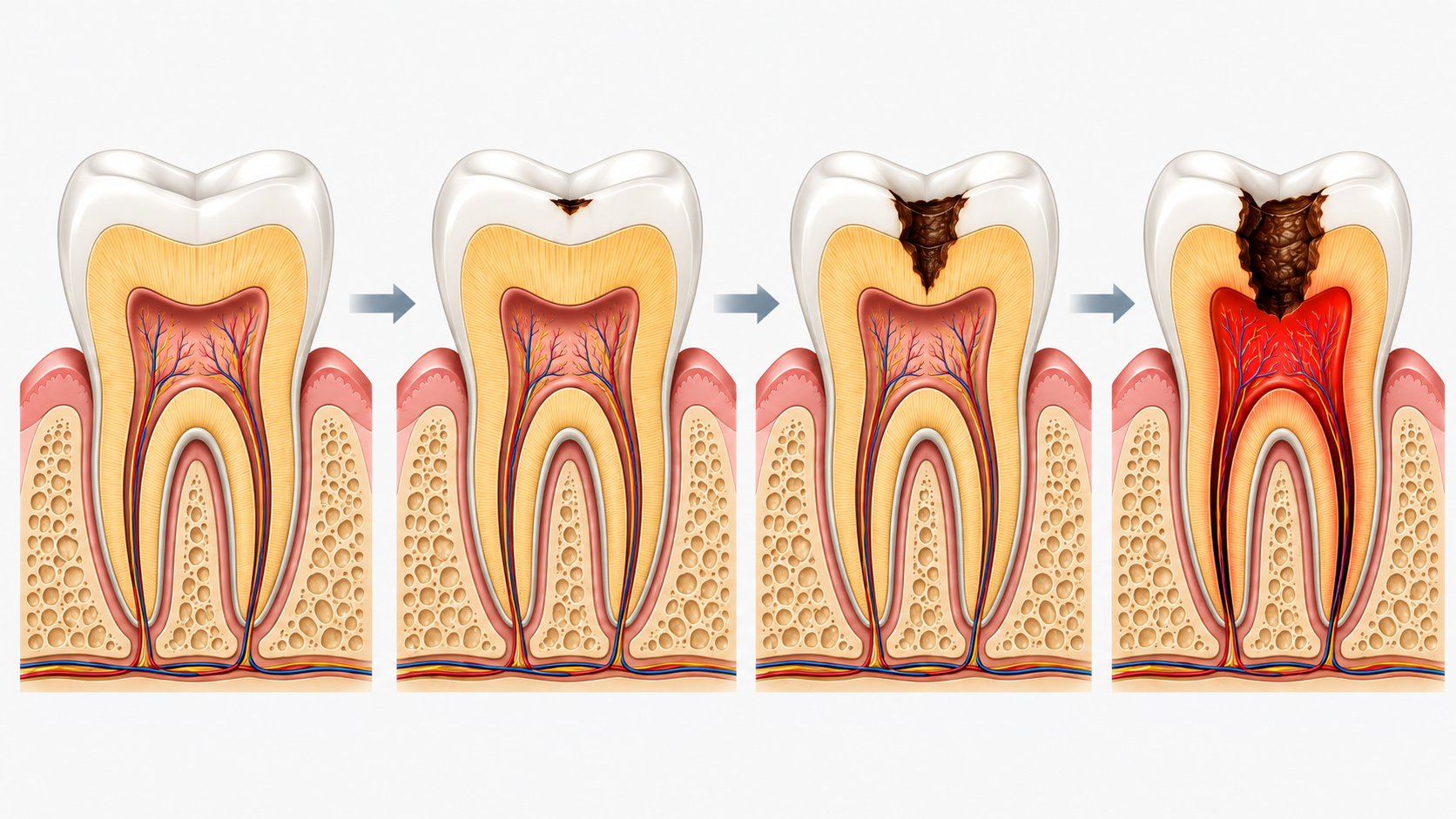 Ilustração da evolução de uma lesão até atingir a parte interna do dente